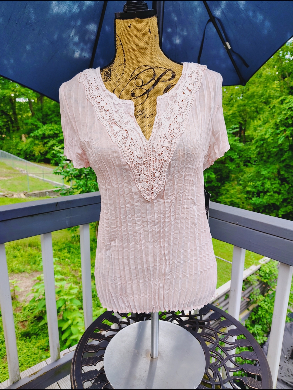 Axcess Pale Pink Lace-Trim V-Neck Blouse